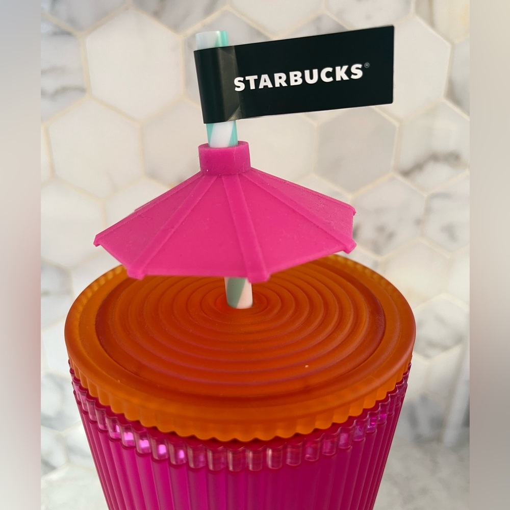 Starbucks 24 oz Pink Teal Ombré Tumbler w/ Pink Umbrella Straw Topper - Picture 2 of 7